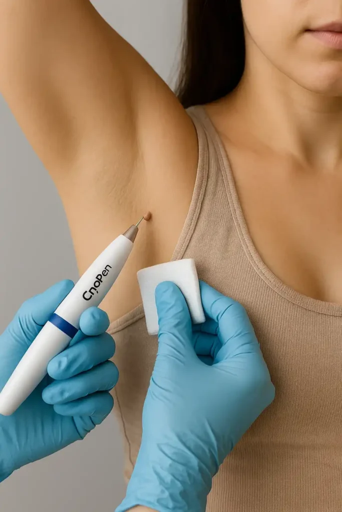 woman having cryopen to remove underarm skin tags Hungerford