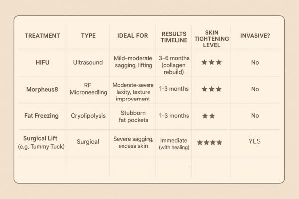 Table showing the comparisons of Skin tightening Hungerford treatment options.